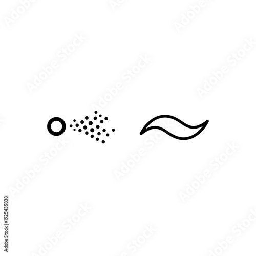 Simple outline icons depicting a fading spray of dots and a calm, wavy line, representing dissipation, diffusion, or gentle movement and calm.