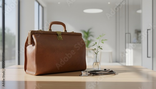 A classic brown doctor bag with a stethoscope and green plant on a wooden table, representing healthcare, wellness, and hope for a World Health Day concept