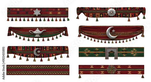 Collection of ornate decorative valances with tassels and Middle Eastern designs.