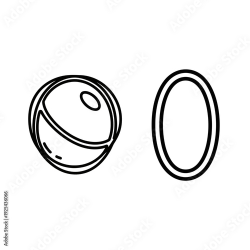 Abstract black line art featuring a segmented sphere with highlights and a hollow oval, suggesting complexity, light, and form.