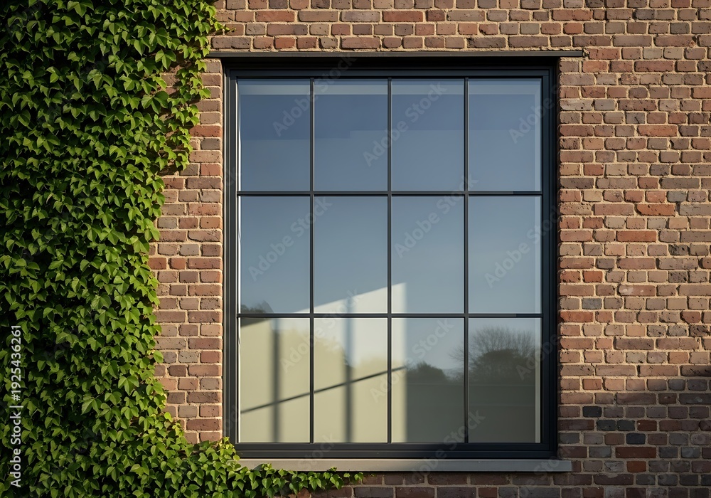 Obraz premium Green ivy climbs a brick wall next to a modern window.