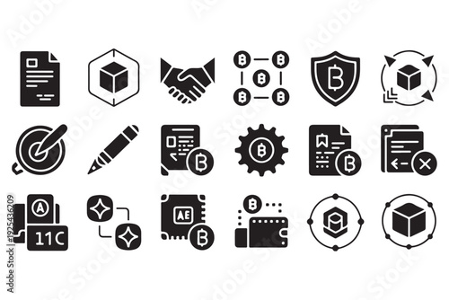 Set of solid black icons illustrating cryptocurrency blockchain technology finance digital currency transactions and security concepts