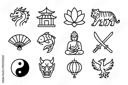 Traditional asian icons collection featuring dragons, temples, and mythical creatures in bold linear style