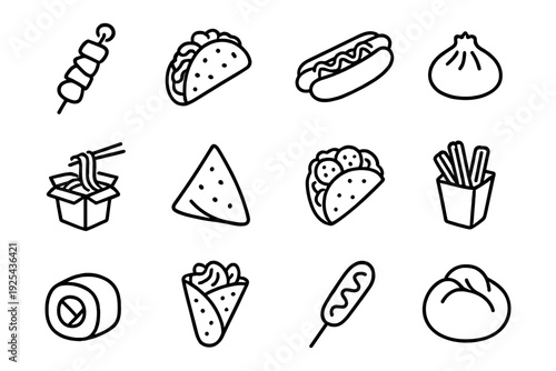 Icon set of delicious street foods in outline style: tacos, hotdogs, and more