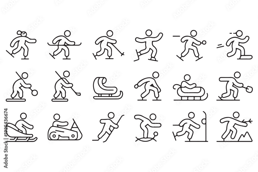 Obraz premium Winter sports line icons set isolated on transparent background ski skating bobsled snowboarding and ice hockey vector illustration