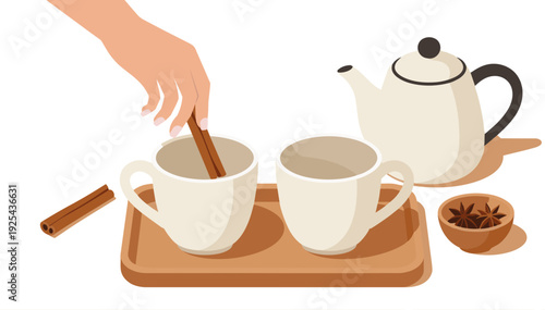 Girl putting cinnamon sticks in tea mugs in cozy kitchen setting with teapot on a transparent background