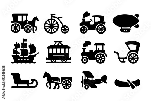 Collection of vintage transportation icons featuring silhouettes of classic vehicles