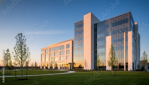 Contemporary hospital building exterior at golden hour, representing modern medical facilities and the world health day concept