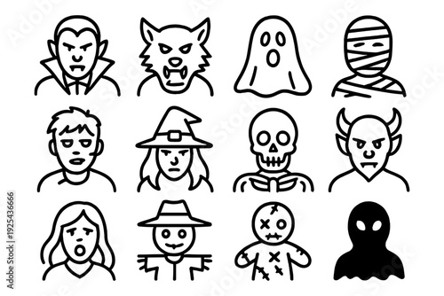 Halloween character icons: classic horror in bold line art