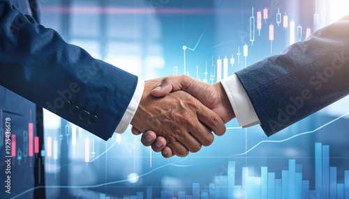 Close-up of a handshake between two men with financial charts agreement deal