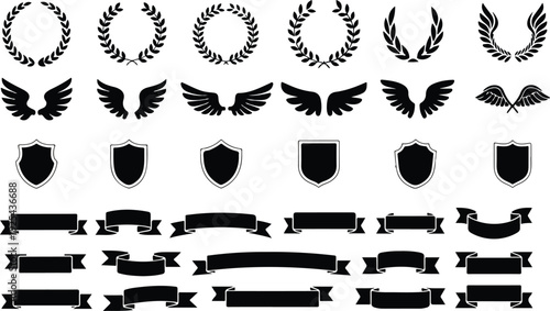 Laurel Wreath and Heraldic Elements Outline Manual Design Set Shields, Wings, and Ribbons
