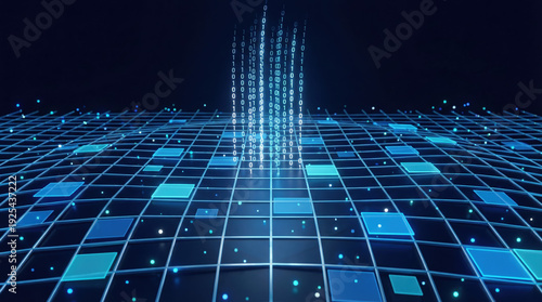 Abstract digital technology background with binary code stream and glowing blue grid for cybersecurity and data processing concepts.