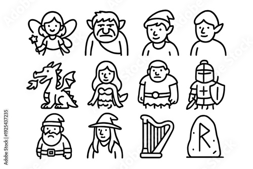 Fantasy characters set: fairies, dragons, and mythical heroes in line art style