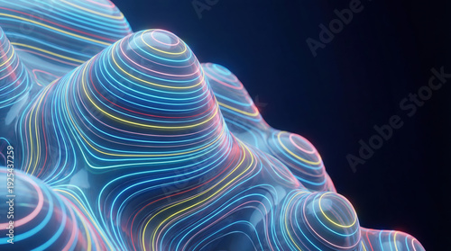 Abstract futuristic background with glowing neon lines on a wavy organic surface representing digital technology and data flow.