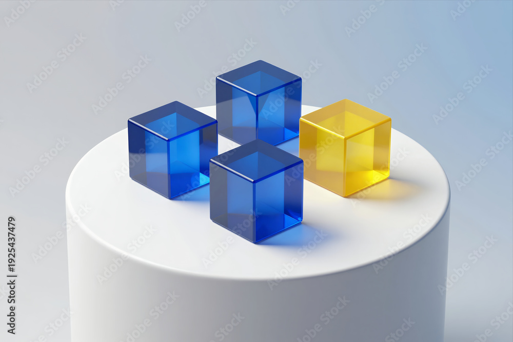 Obraz premium Four Transparent Colored Cubes On A White Cylindrical Pedestal With Gradient Background