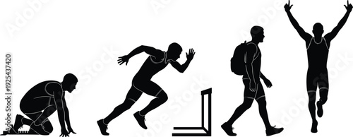 Black Silhouette Set of Male Athletes Sprinters 