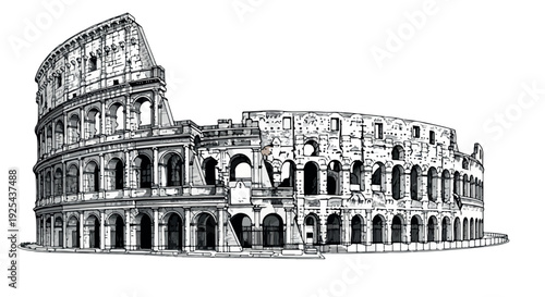 Detailed sketch of the Colosseum in Rome, Italy, with ancient stone arches and tiered seating on a white background.