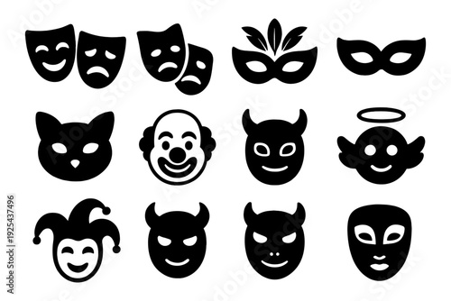 Theater and carnival icons: comedy, tragedy, masks, and costumes collection