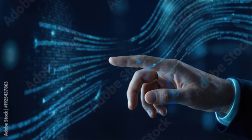Businessman hand touching digital data stream representing cybersecurity and futuristic innovation concept.