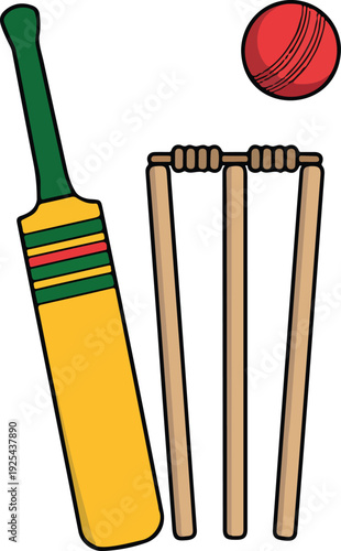 Cricket Gear Line Manual Design Collection Bat Stumps Ball and Accessories