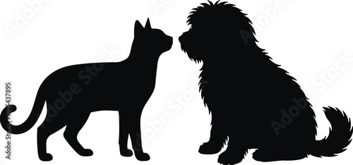Black silhouette of cat and dog facing each other isolated on white background, symbolizing friendship, companionship, pets, and domestic animal relationship concept