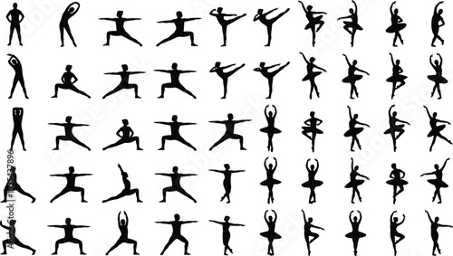 Yoga and ballet silhouette collection featuring stretching exercises, balance poses and dance movements isolated for fitness, wellness and choreography illustration