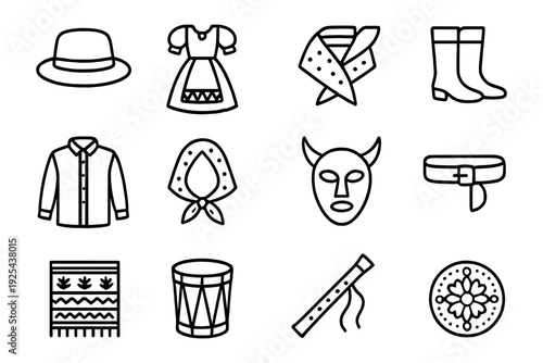 Traditional mexican culture icons set: clothing, accessories, and musical instruments