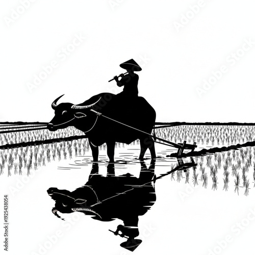Traditional Asian Farmer Plowing Rice Field with Buffalo Silhouette Illustration"