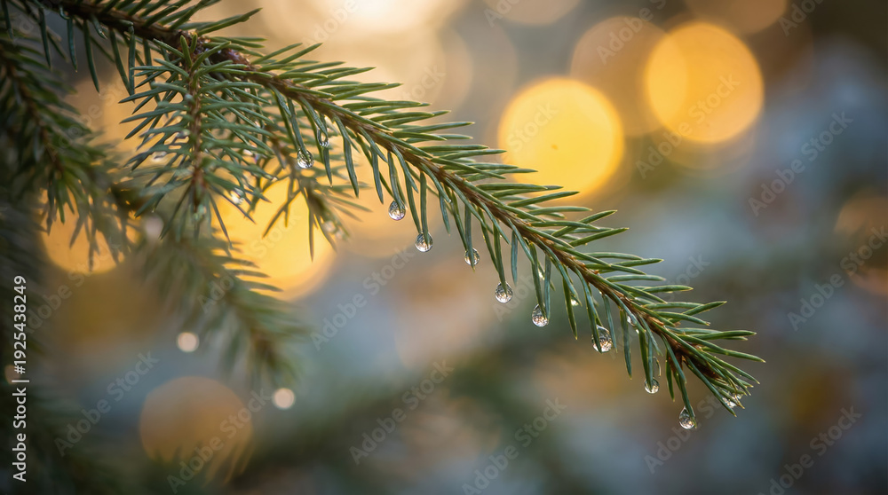 Obraz premium Close up of a spruce branch with water droplets and festive golden bokeh lights in a winter forest.