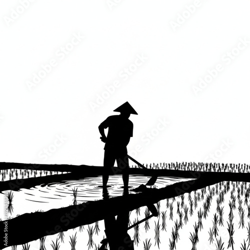 Traditional Asian Farmer Working in Rice Field Silhouette Illustration"