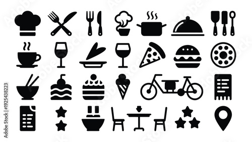 Restaurant and food service icons including chef hats utensils bicycles desserts and location markers on white background