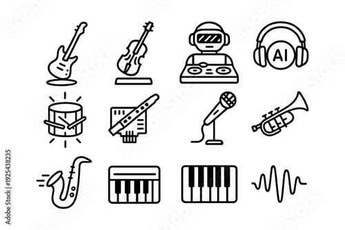 Musical instrument and audio technology icons in modern linear style