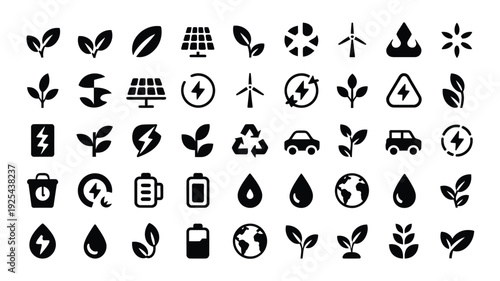 Eco friendly icons set including renewable energy sustainable living and environmental conservation symbols