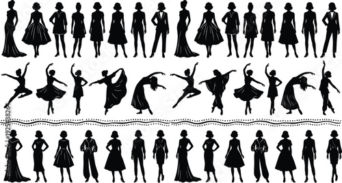 Women silhouette collection featuring fashion models, elegant dresses and dancing poses isolated for beauty, lifestyle, performance and character illustration design