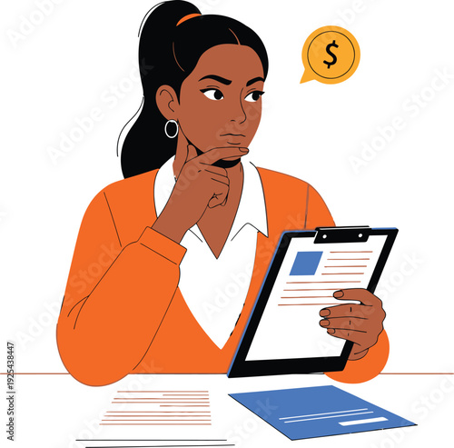 Thoughtful young woman with dark skin holds a clipboard, considering financial decisions represented by a dollar sign thought bubble.