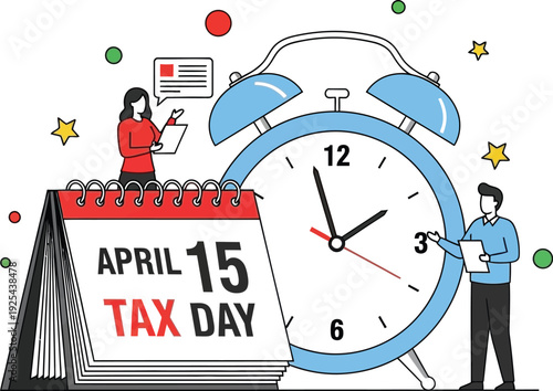 A flat vector illustration showing the April 15 Tax Day deadline with a calendar, large alarm clock, and two business people preparing financial documents.
