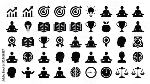 Collection of black icons representing business education and personal growth concepts on white background