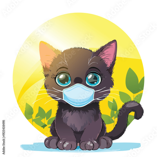 Cartoon kitten wearing a face mask in bright sunlight
