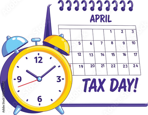 Brightly colored cartoon illustration depicting an alarm clock and an April calendar page, symbolizing the approaching Tax Day deadline and financial urgency.