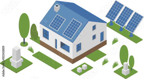 Isometric modern house with rooftop and ground solar panels, sustainable renewable energy eco home 3D vector illustration