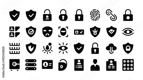 Collection of security icons including locks shields and eyes for protection and safety concepts