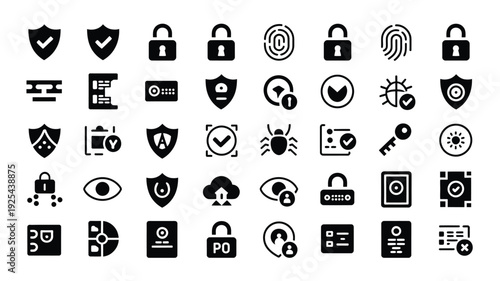 Collection of security icons including locks shields and protection symbols for cybersecurity and safety concepts