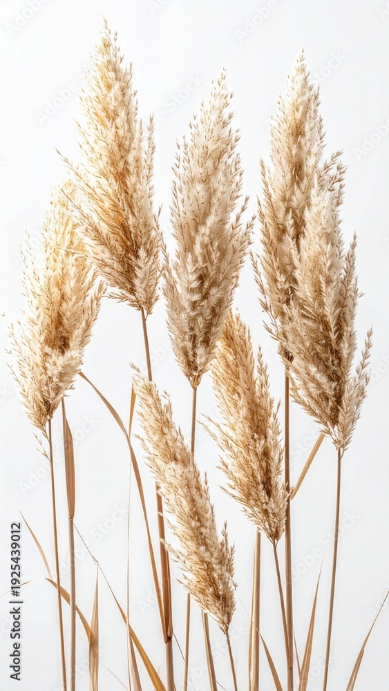 Fototapeta premium Beige Fluffy Pampas Grass Stems on White Background in Bright Studio Lighting