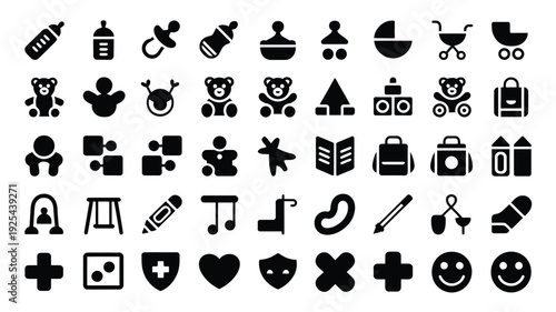 Collection of black baby and parenting icons on white background including symbols for childcare and infancy