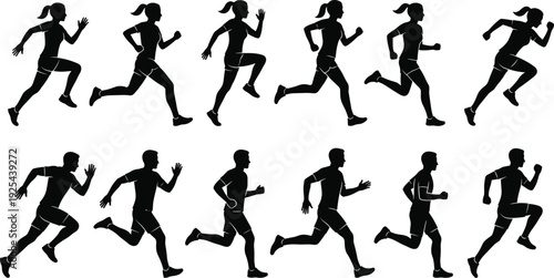 Running Athlete Silhouette Collection Featuring Male and Female Joggers in Motion for Fitness Training, Sports Activity and Healthy Lifestyle Illustration