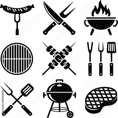 Barbecue icons, grilling silhouettes, cooking tools, meat, steak, skewers, spatula, fork, flames, outdoor cooking, food design, kitchen, restaurant, BBQ