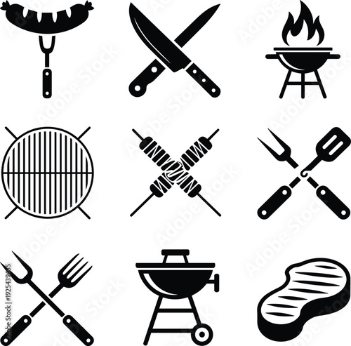 Barbecue icons, grilling tools, outdoor cooking, sausage fork, crossed knives, flaming grill, skewers, spatula fork, kettle barbecue, steak illustration, culinary design