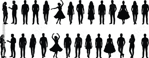 People Walking and Standing Silhouette Collection Featuring Men and Women in Casual Poses for Lifestyle, Fashion and Urban Crowd IllustrationPeople