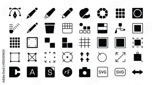 Collection of graphic design tools and icons for digital art and editing software on white background