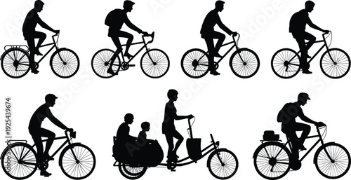 Bicycle silhouettes, cycling diversity, cargo bike, tricycle, storage box, rider posture, transportation, mobility, family cycling, urban lifestyle, outdoor activity, design
